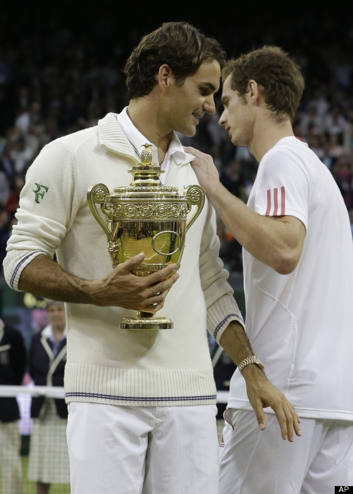 Roger Federer and Andy Murray after receiving their trophies