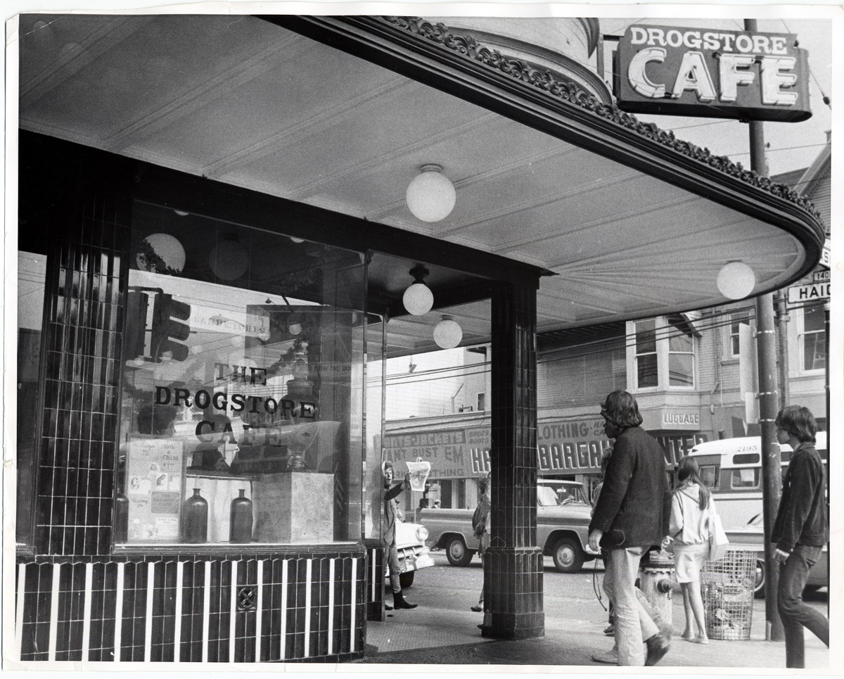 Drogstore Cafe (view from Masonic) 1398 Haight Street. 1967. Now Magnolia Pub & Brewery. San Francisco History Center, San Francisco Public Library