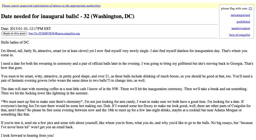 Craigslist For Inauguration Dates: "What's Your Favorite ...