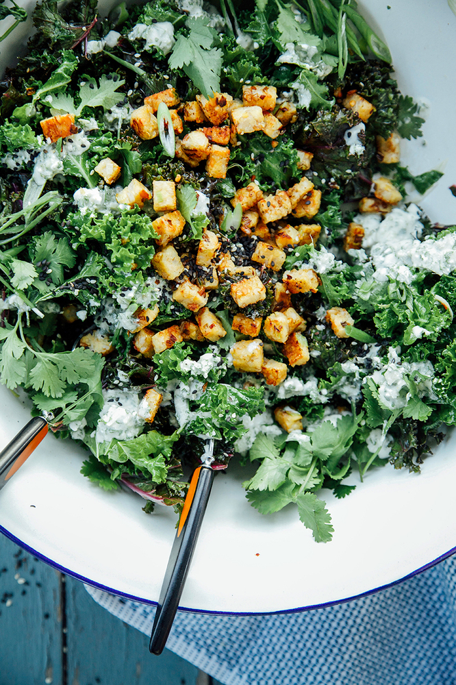Green Curry Kale With Crispy Coconut Tempeh. Image: The First Mess