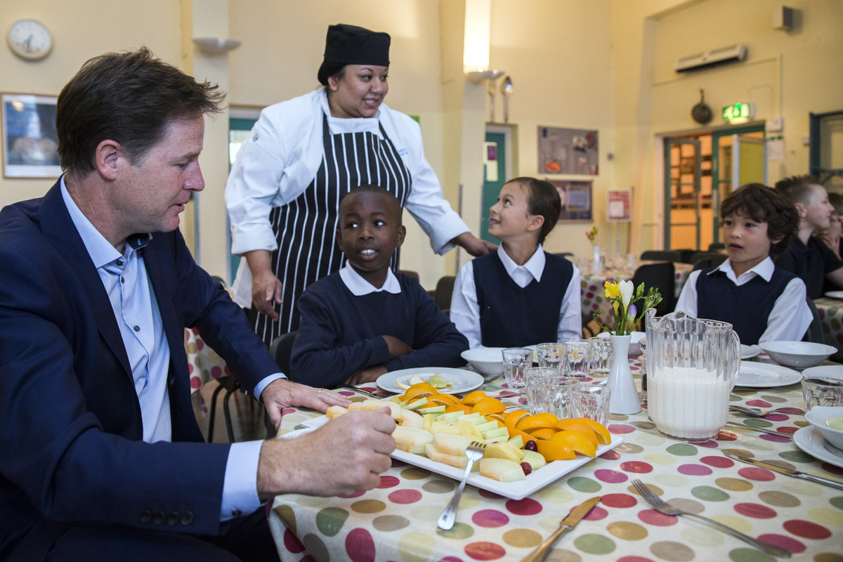Nick Clegg in launching Free School Meal initiative in a UK primary school