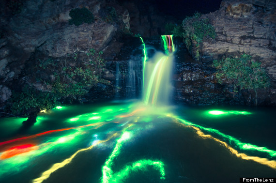 long exposure neon waterfall