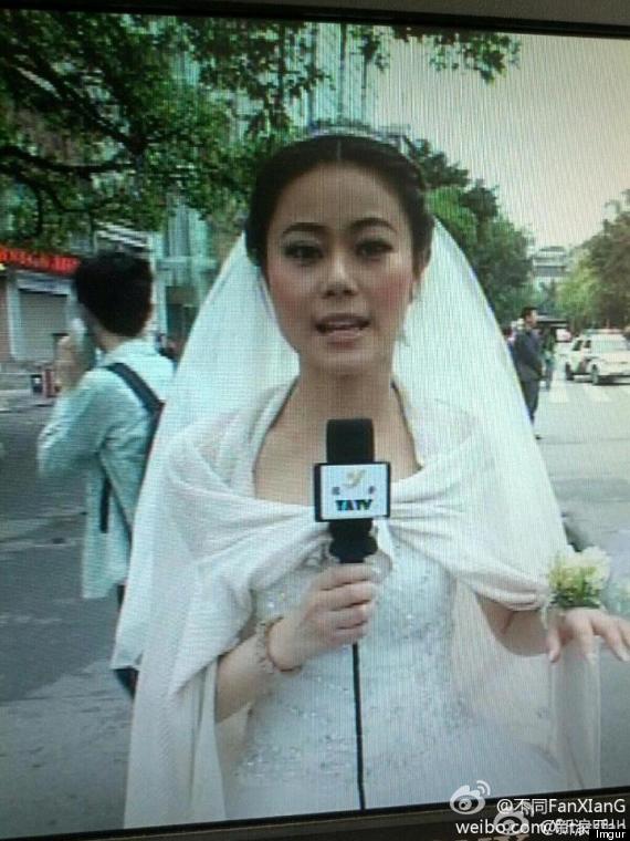 reporter china earthquake wedding dress