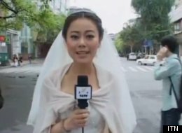 reporter in wedding dress