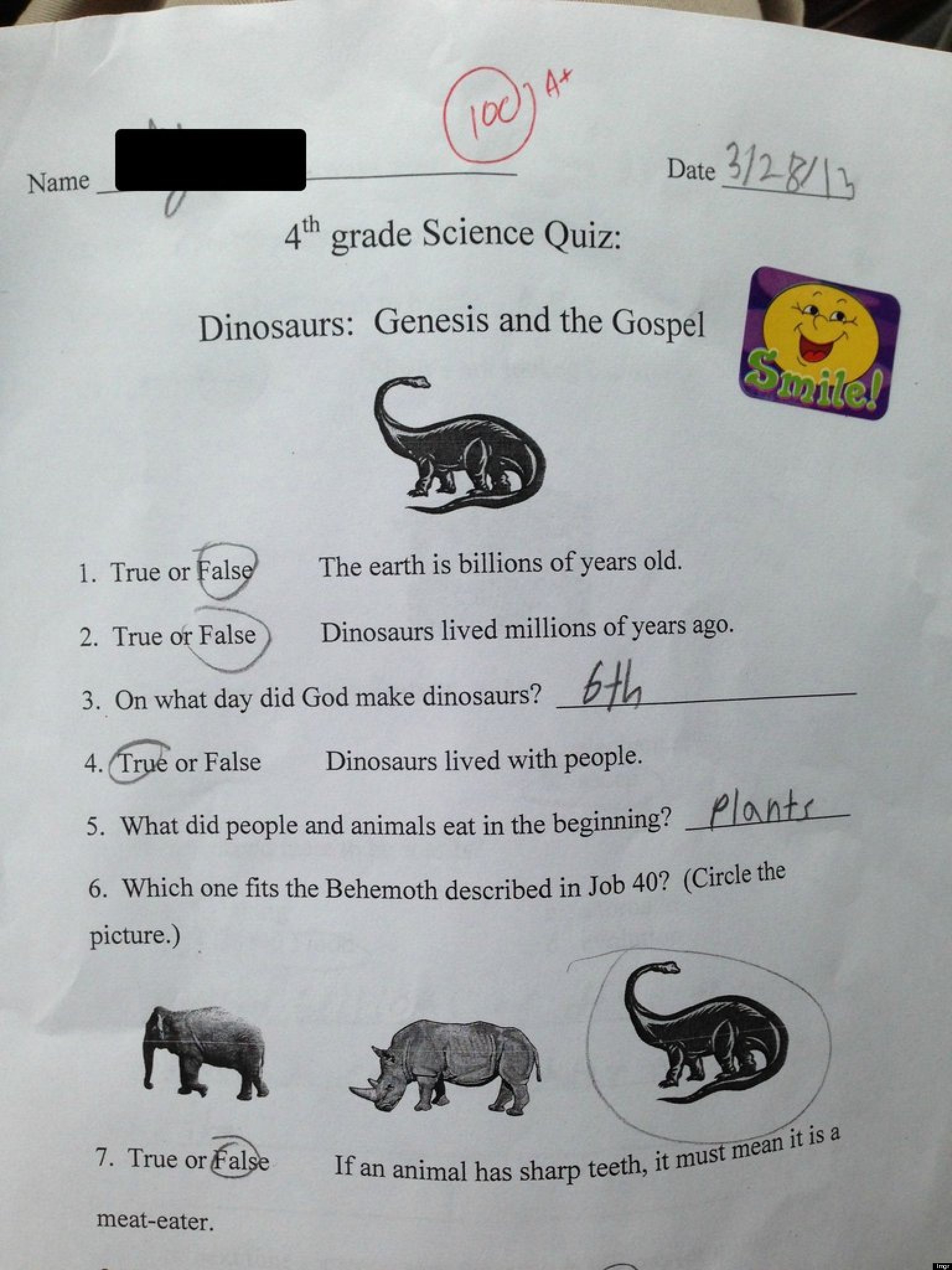 4thGrade 'Science Test' Goes Viral Creationism Quiz