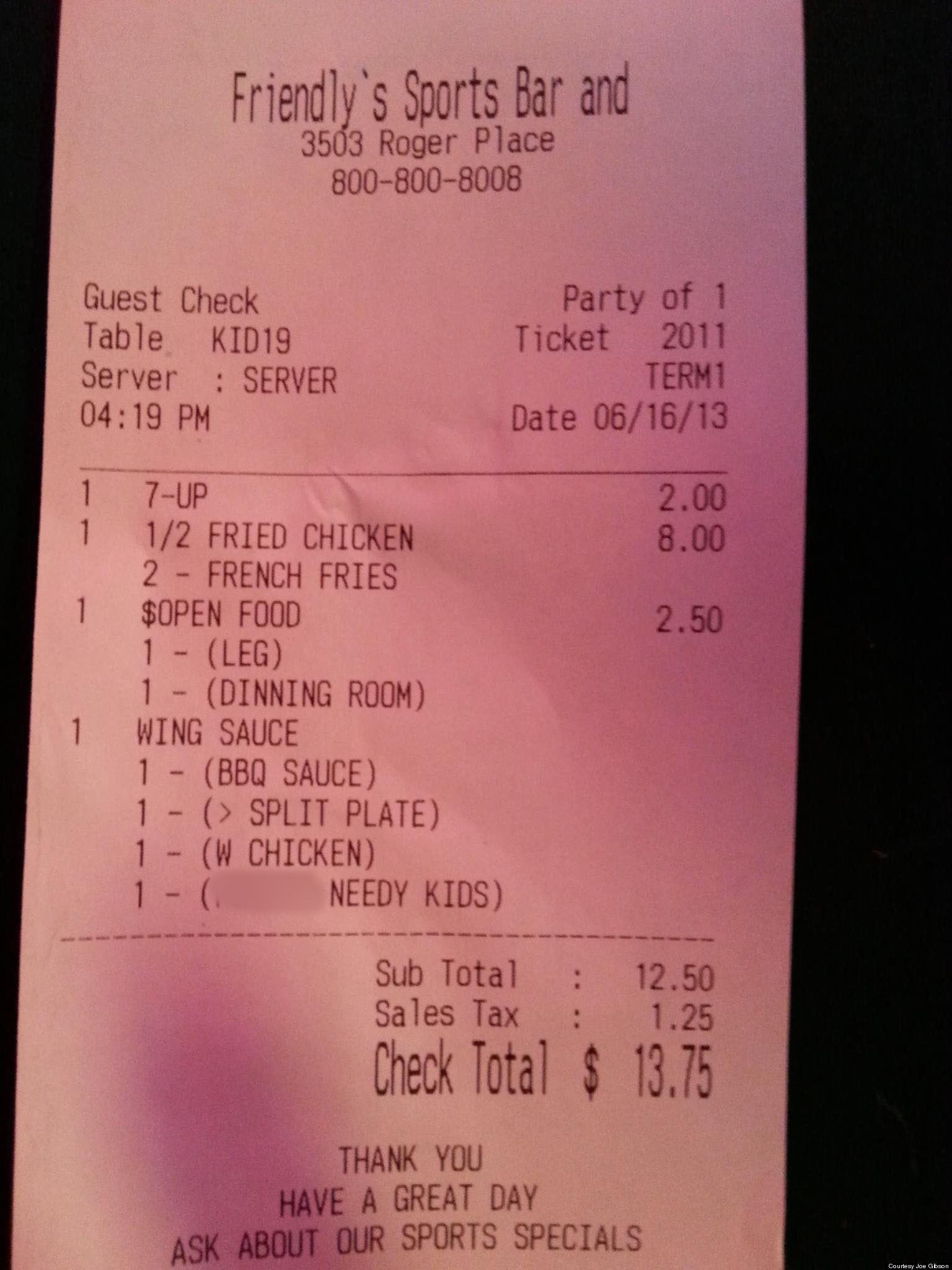 Customer Joe Gibson Outraged After Father's Day Receipt At Friendly's