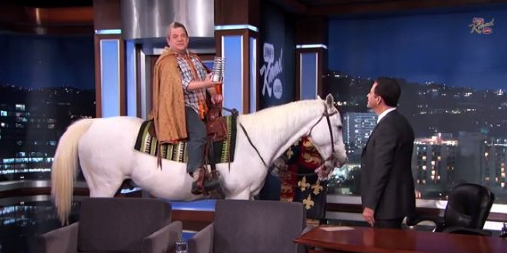 Watch A Regal Patton Oswalt Surprise Jimmy Kimmel With His by On A Horse
