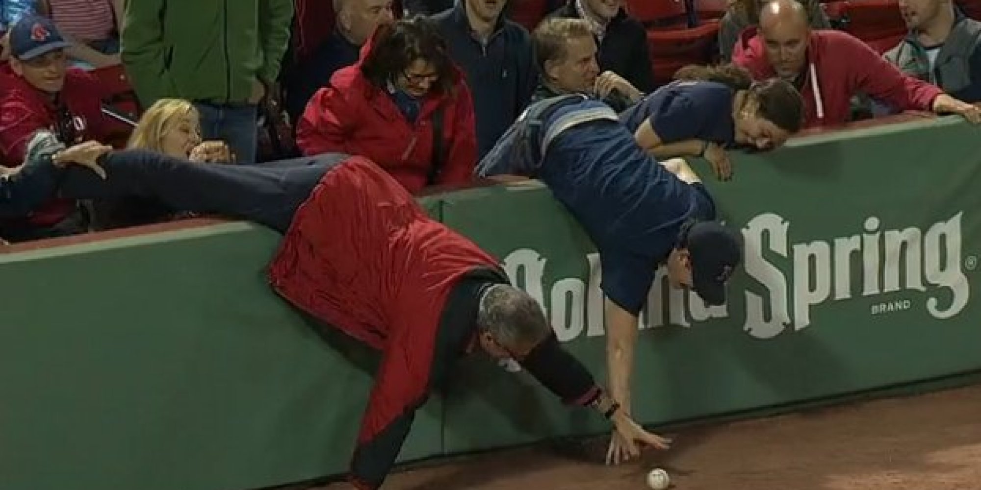 Red Sox Fans Nearly Fall Over Railing Going After A Foul Ball (GIF