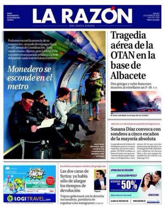 Portada de La Razón del 27 de enero de 2015.
