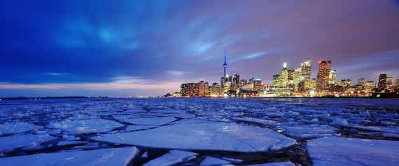 Downtown Toronto seen across a partially frozen Lake Ontario