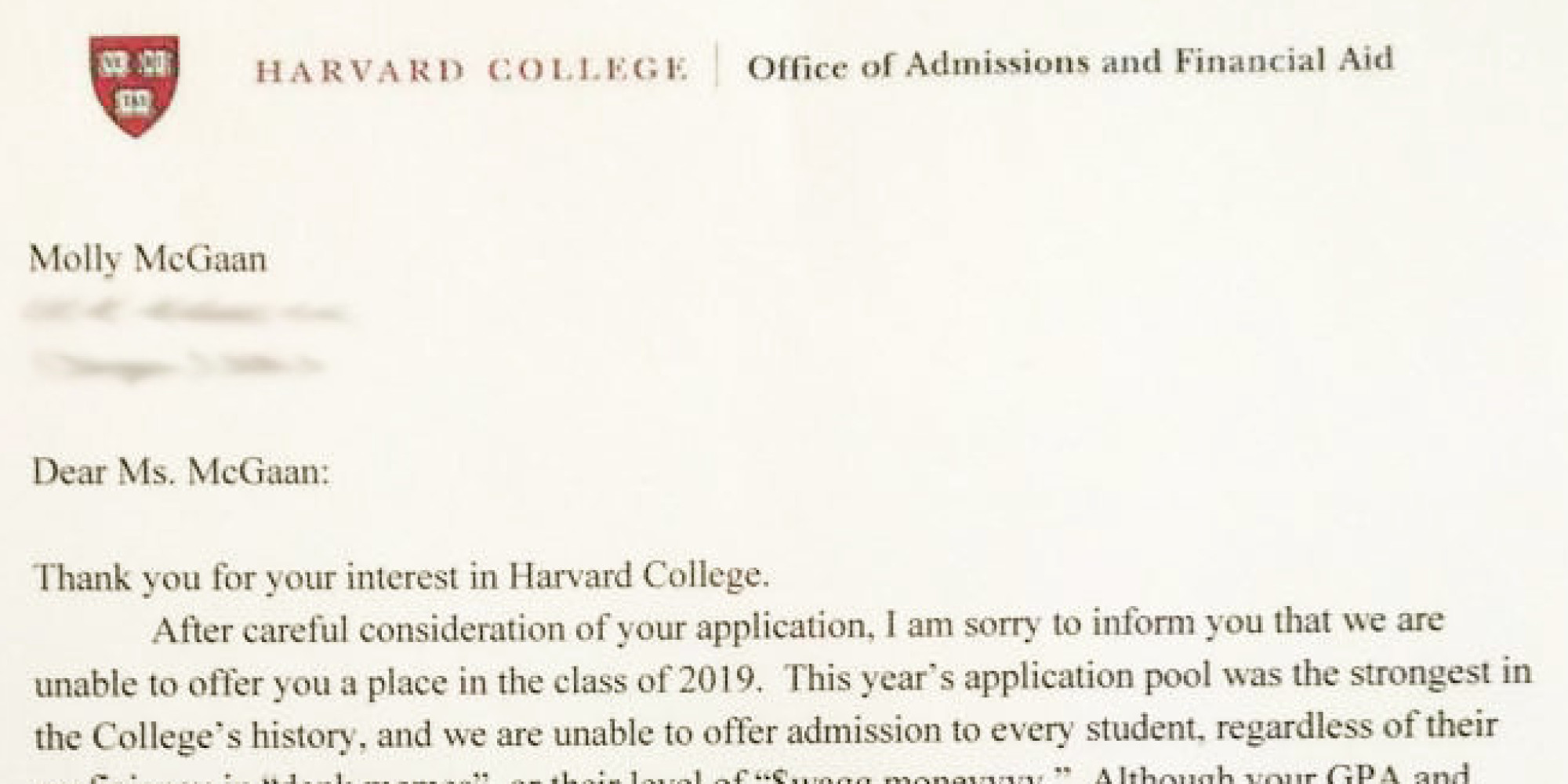 Sample rejection letter to college applicant