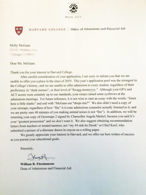 Sample rejection letter to college applicant