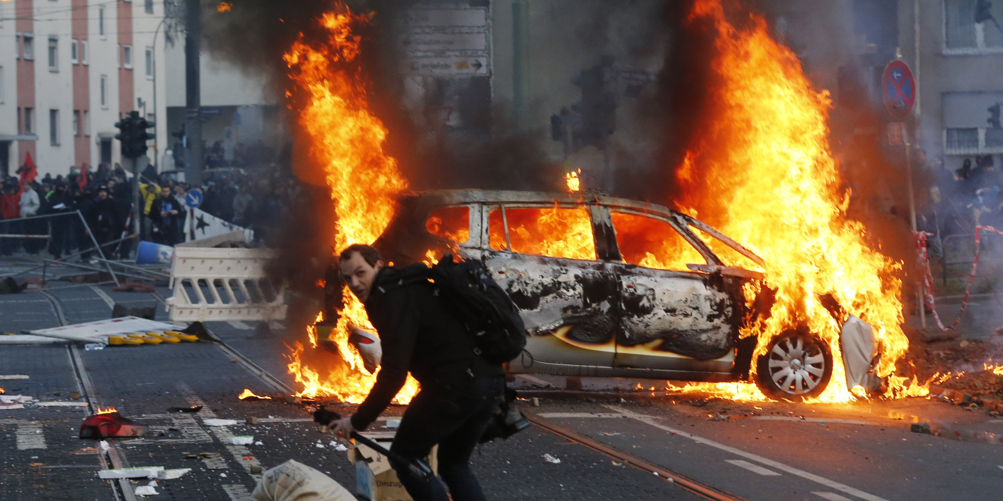 Thousands Of Protesters Clash With Riot Police Near New European Central Bank Headquarters In