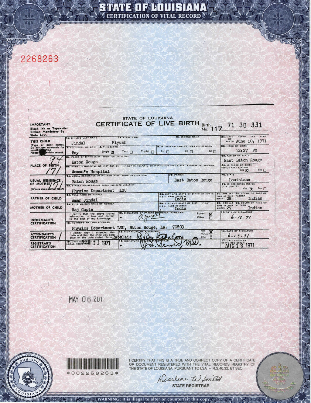 Bobby Jindal Birth Certificate Released (PHOTO) | HuffPost