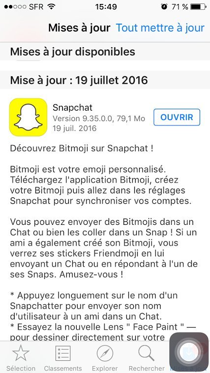 mise a jour snapchat bitmoji