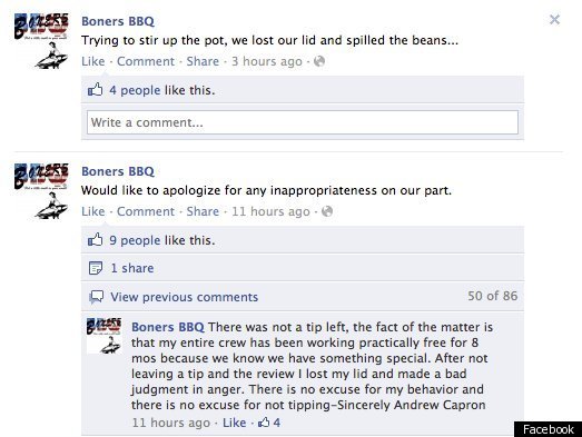 Hopefully for Boners BBQ customers will be forgiving of the negative posts