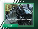 A car hangs over a bridge on a California highway