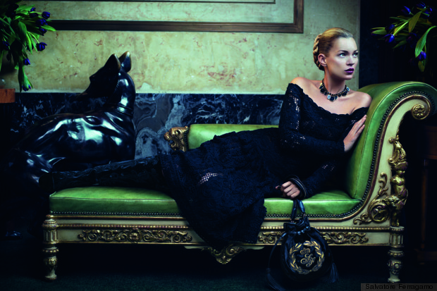 "A story of pure seduction and mystery unravels within Berlin’s gilded Russian embassy," reads the press release from Ferragamo. "A role-play between Kate Moss’s unmistakable femininity, Karmen Pedar