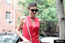 Miranda Kerr Is Perfectly Pretty In Peach Dress, Son Flynn Looks Super Cute In Stripes