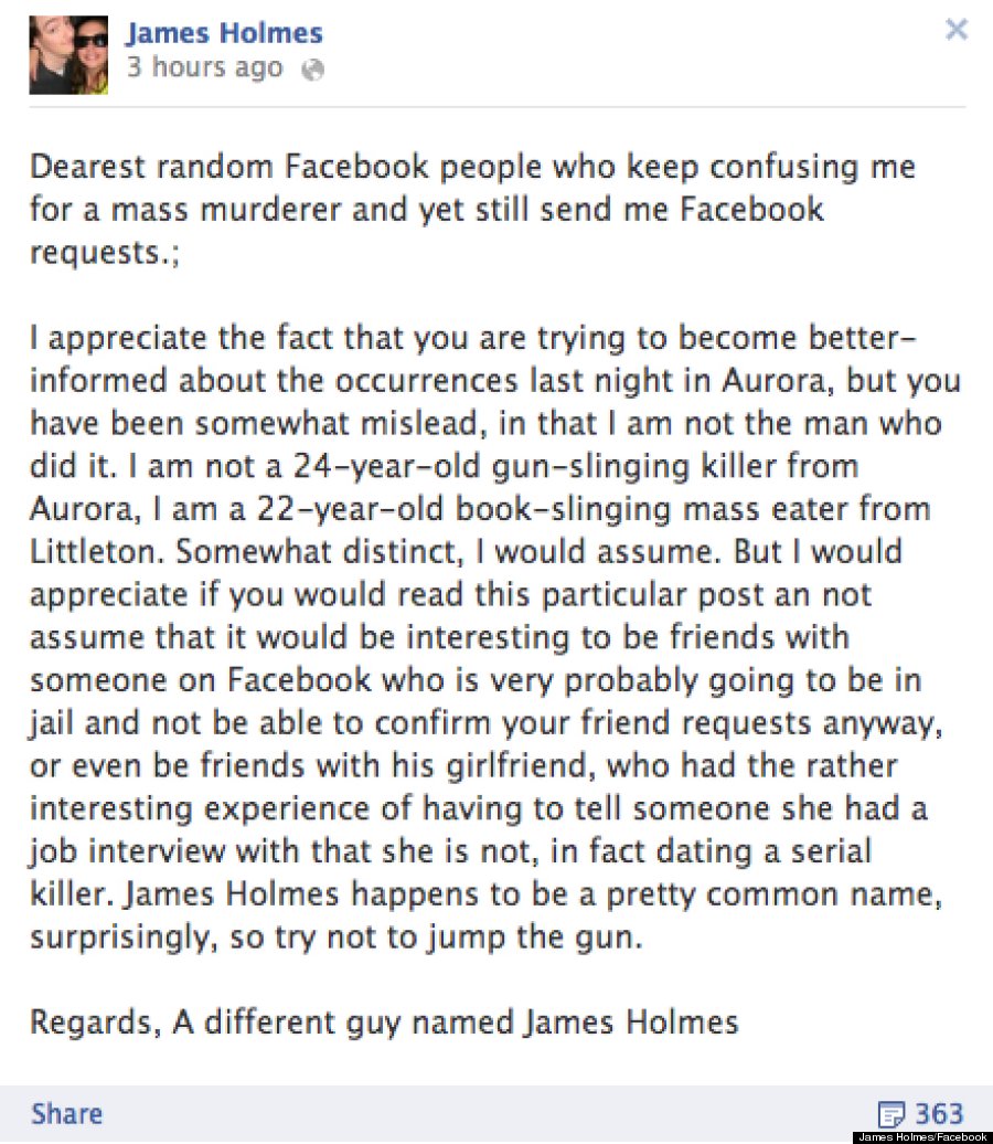 הסטטוס של ג'יימס פי. הולמס בפייסבוק