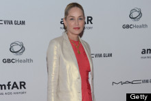 Sharon Stone Means Business In Coral Shift Dress and High-Shine Blazer