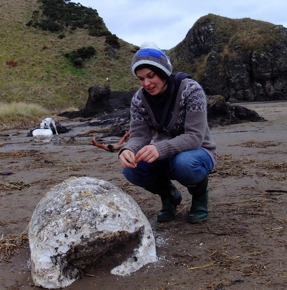 A reserve volunteer, Lainey Rees, gets a closer look at the lard, while a dog in the background enjoys investigating another chunk of the washed-up fat.