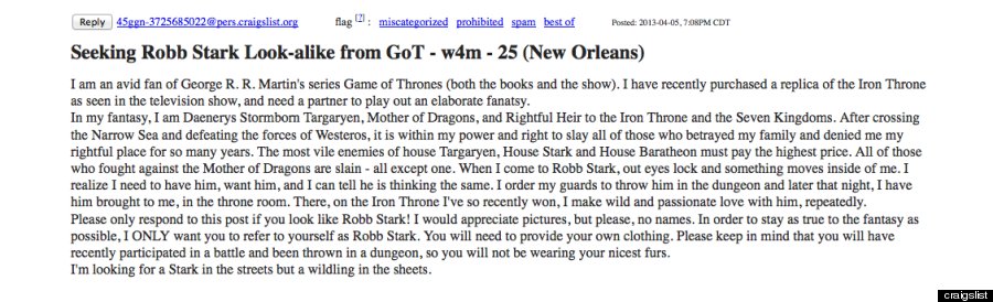 game of thrones craigslist ad