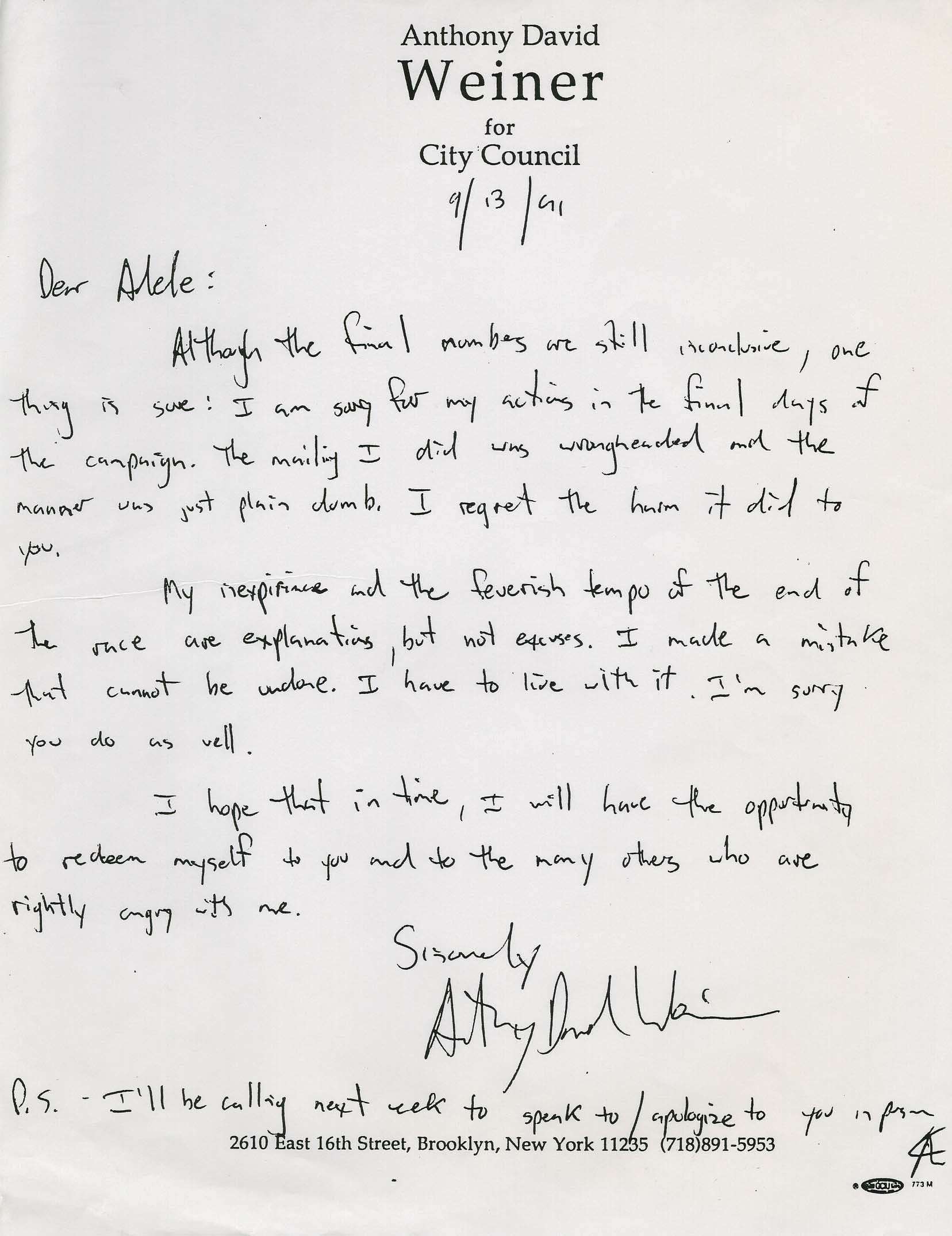 anthony weiner letter adele cohen