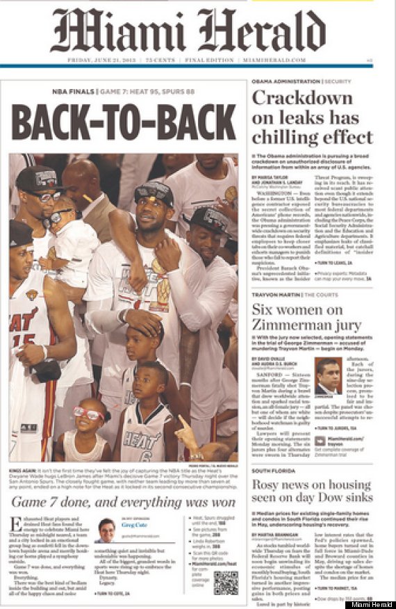 Framed The Miami Herald Heat Repeat 2013 NBA Finals Champions 17x27  Basketball Newspaper Cover Photo Professionally Matted at 's Sports  Collectibles Store