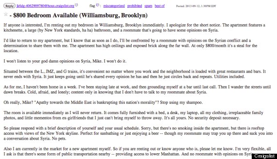 Funny Craigslist Ad Offers Room With Syria Obsessed Roommate