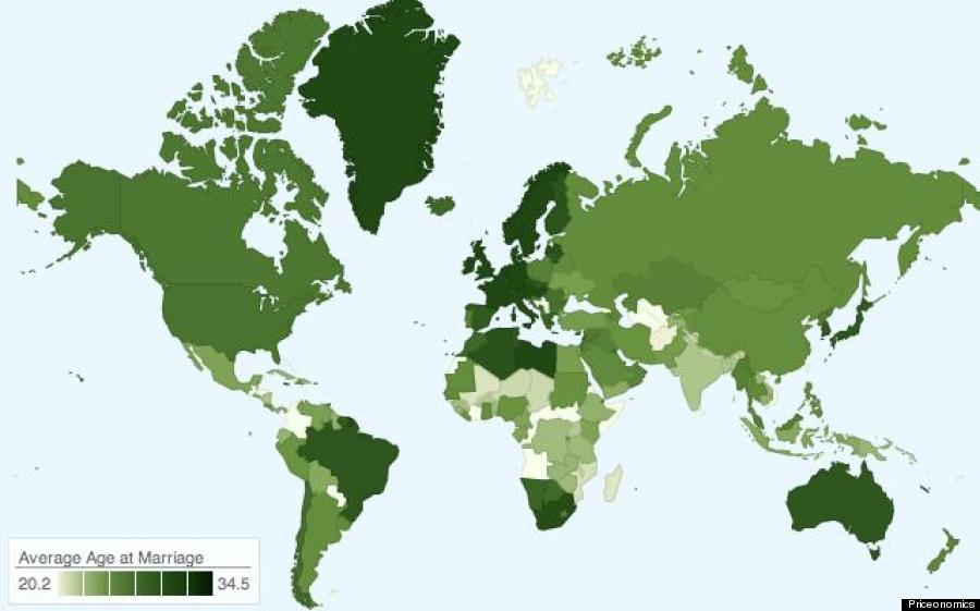 World map showing the average age of marriage. The lowest is around 20 years old in Afghanistan, some areas in central America, and central Africa. The highest median age is close to 35, and is higher in Brazil, Europe, and Australia. Countries in North America, and central Asia have an average age around 25.