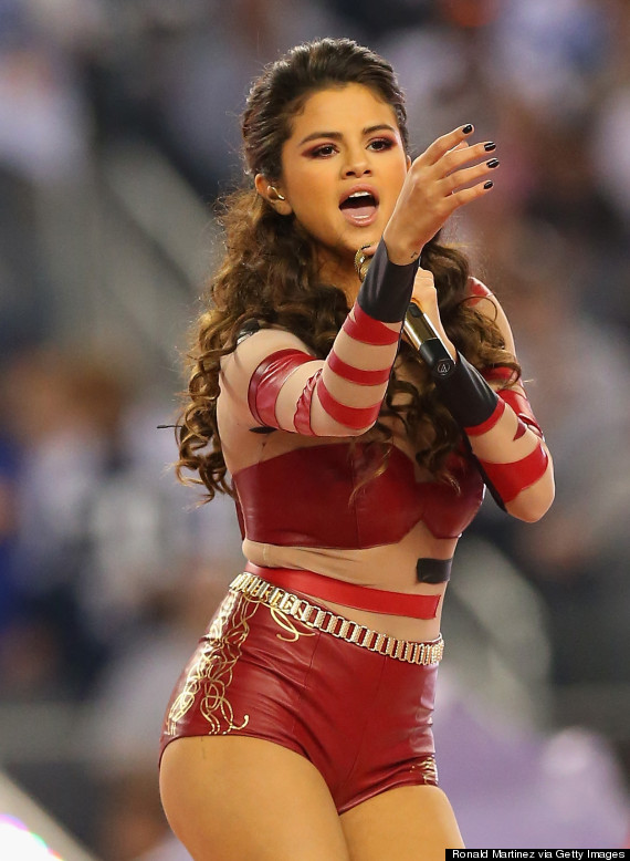 Selena Gomez Wears Red Leather Bodysuit At Thanksgiving Day Halftime Show