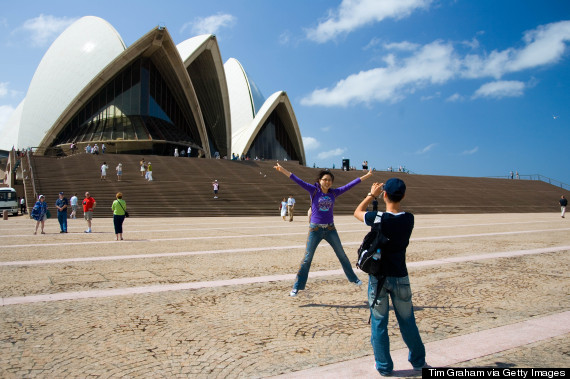 tourists jumping