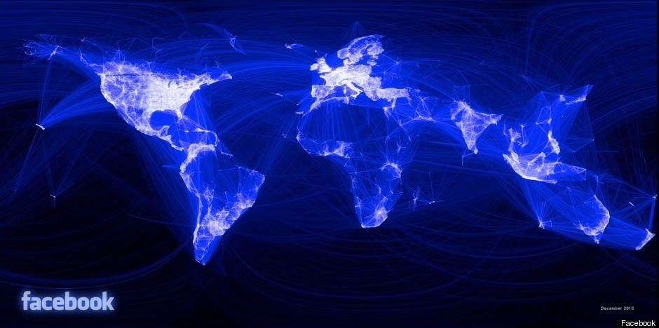 The friendship connections on Facebook visualised over a map of the world.