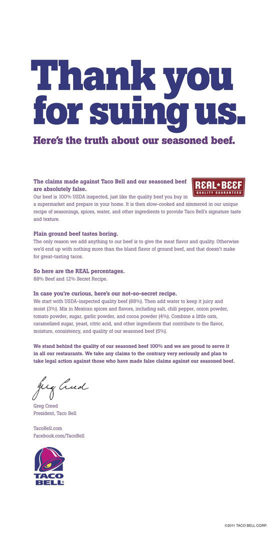 Thank You For Suing Us Taco Bell Fights Beef Lawsuit With Full Page Ads Huffpost Life