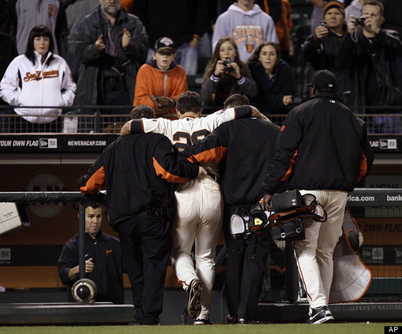 Marlins Anniversary: Scott Cousins runs over Buster Posey for