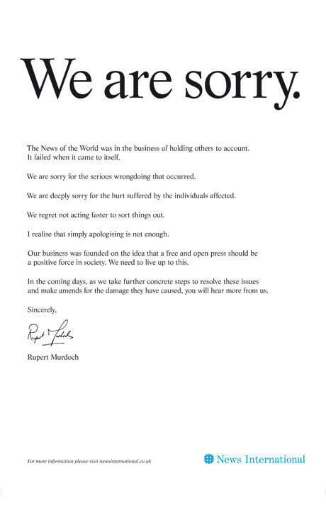 Rupert Murdochs Ad Apologizing For Phone Hacking We Are Sorry Photo Huffpost Latest News 