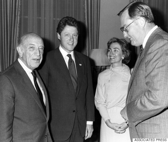 Arkansas Gov. Bill Clinton, second left, and his wife Hillary are seen talking with U.S. Ambassador to Belgium Geoffrey Swaebe, left, and Governor of Illinois James R. Thompson, right, during a reception in Brussels, Belgium, Sept. 30, 1987.