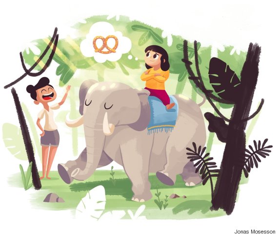 child riding elephant thinking of pretzels