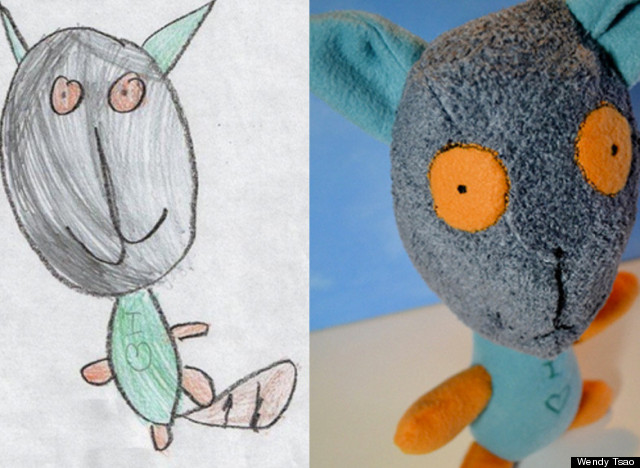kids drawing into stuffed animal