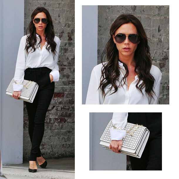 Victoria Beckham Fall Outfit Idea: White Button-Down, Sweater Vest,  Trousers