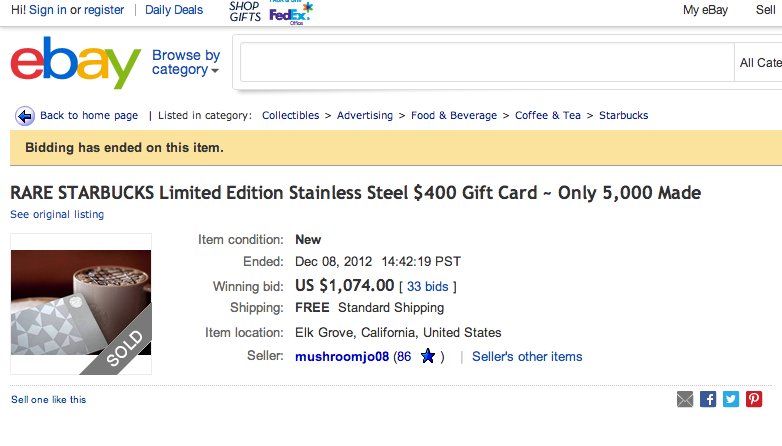 starbucks steel cards on ebay